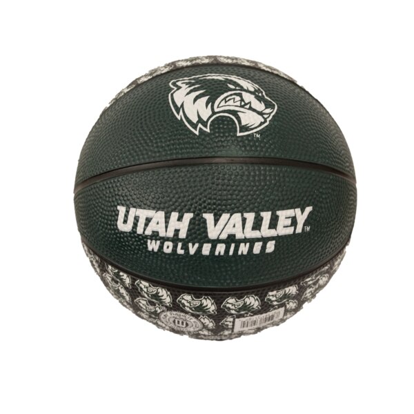 22 inch mini UVU rubber basketball with a mascot logo and “Utah Valley Wolverines” on green alternating with repeating mascot logos